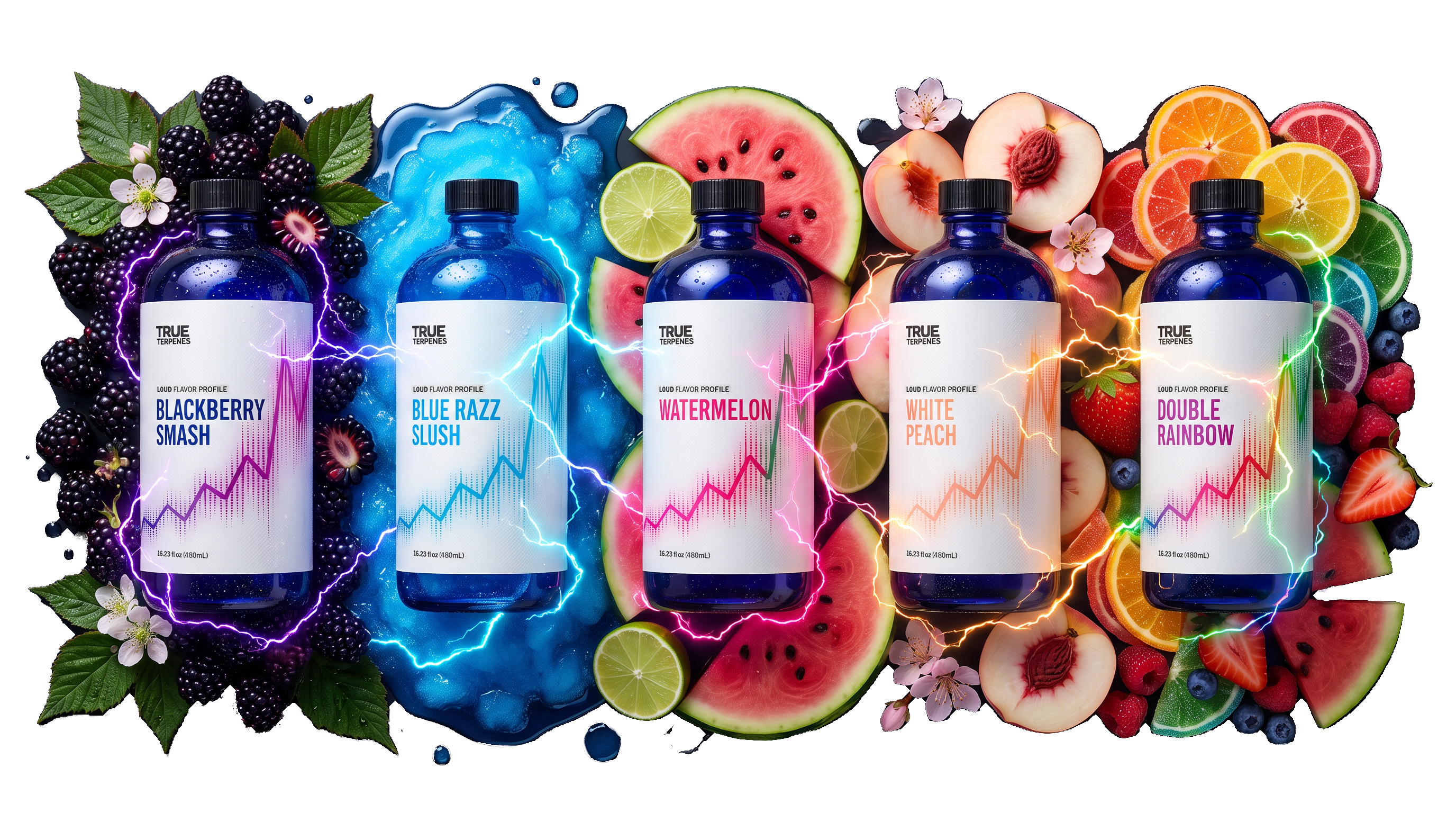 All ten LOUD terpene flavor bottles from True Terpenes with fruit artwork.